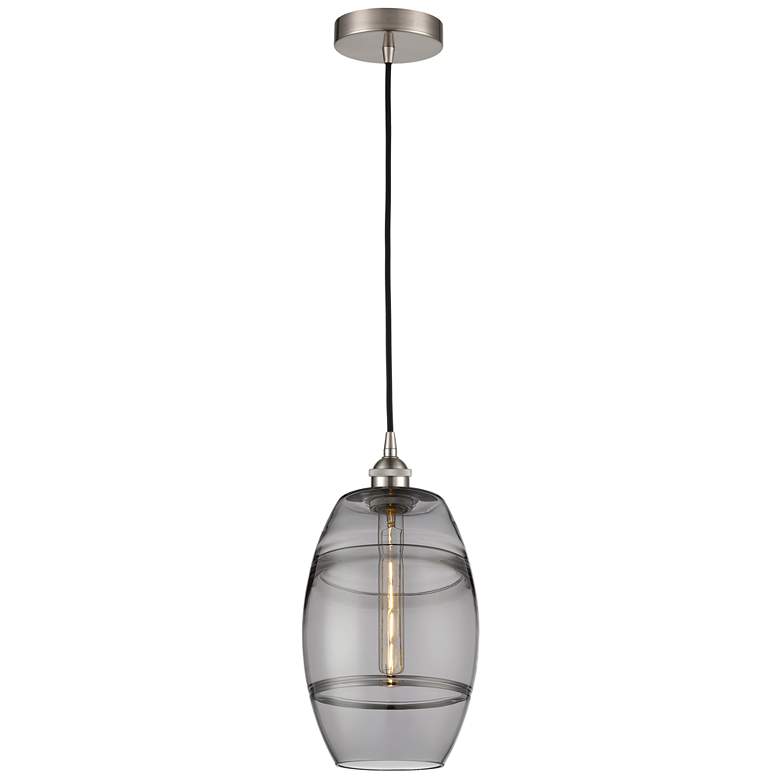 Image 1 Edison Vaz 8"W Satin Nickel Corded Mini Pendant w/ Light Smoke Shade
