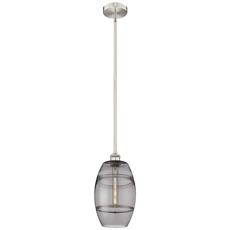 Image 1 Edison Vaz 8"W Satin Nickel Stemmed Mini Pendant w/ Light Smoke Shade