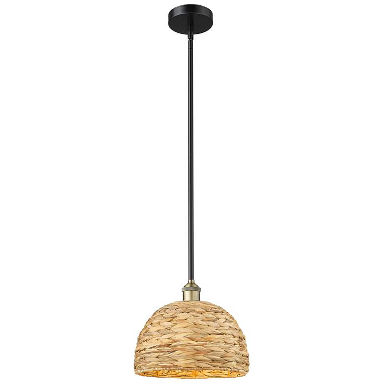 Image 1 Edison Woven Rattan 12"W Black Antique Brass Stem Hung Mini Pendant