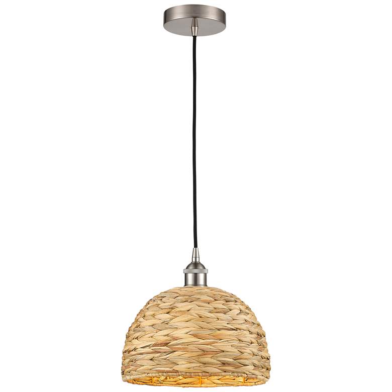 Image 1 Edison Woven Rattan 12"W Brushed Satin Nickel Cord Hung Mini Pendant