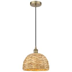 Edison Woven Rattan 12" Wide Antique Brass Cord Hung Mini Pendant
