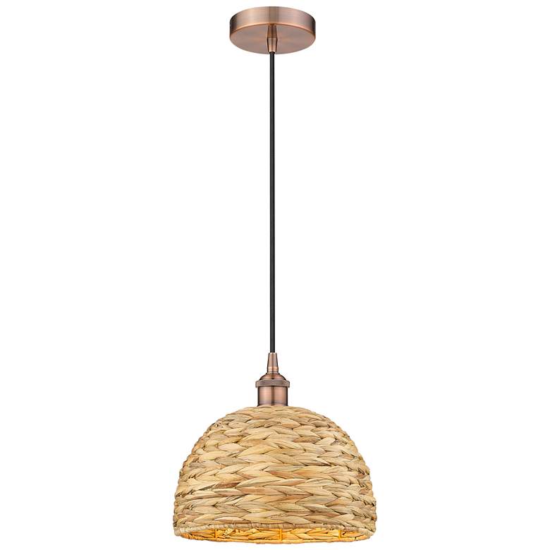 Image 1 Edison Woven Rattan 12" Wide Antique Copper Cord Hung Mini Pendant
