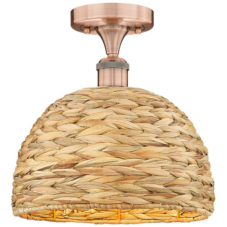 Image 1 Edison Woven Rattan 12" Wide Antique Copper Semi.Flush Mount With