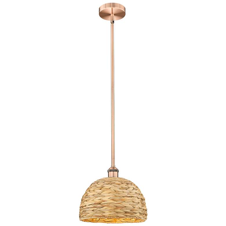 Image 1 Edison Woven Rattan 12" Wide Antique Copper Stem Hung Mini Pendant
