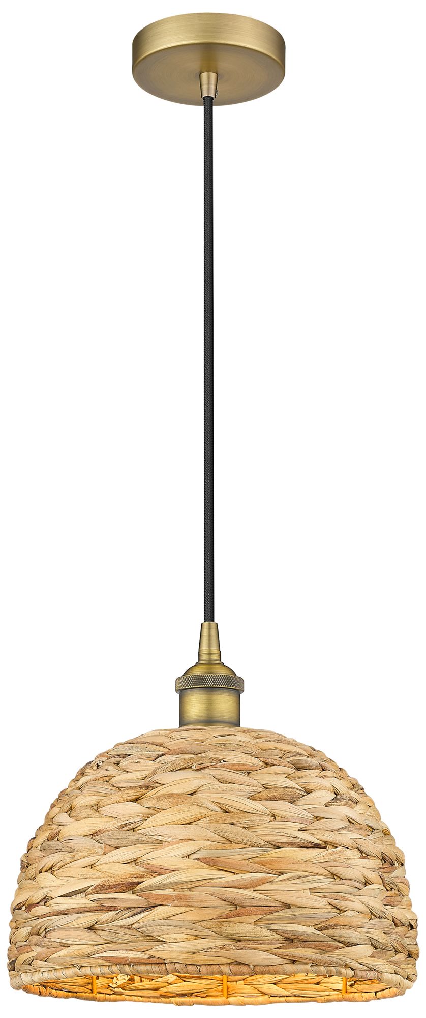 Edison Woven Rattan 12" Wide Brushed Brass Cord Hung Mini Pendant