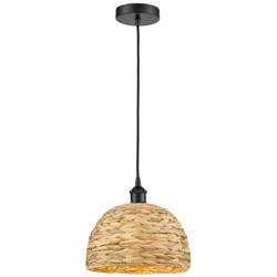 Edison Woven Rattan 12" Wide Matte Black Cord Hung Mini Pendant With
