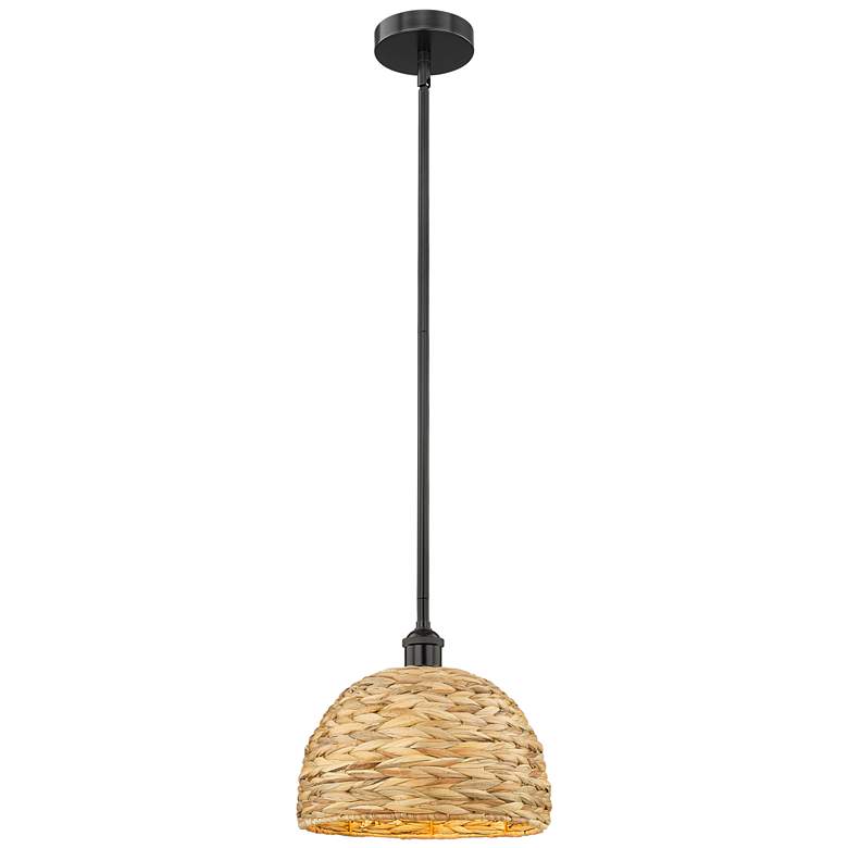 Image 1 Edison Woven Rattan 12" Wide Matte Black Stem Hung Mini Pendant With