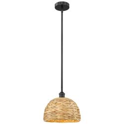 Edison Woven Rattan 12" Wide Matte Black Stem Hung Mini Pendant With