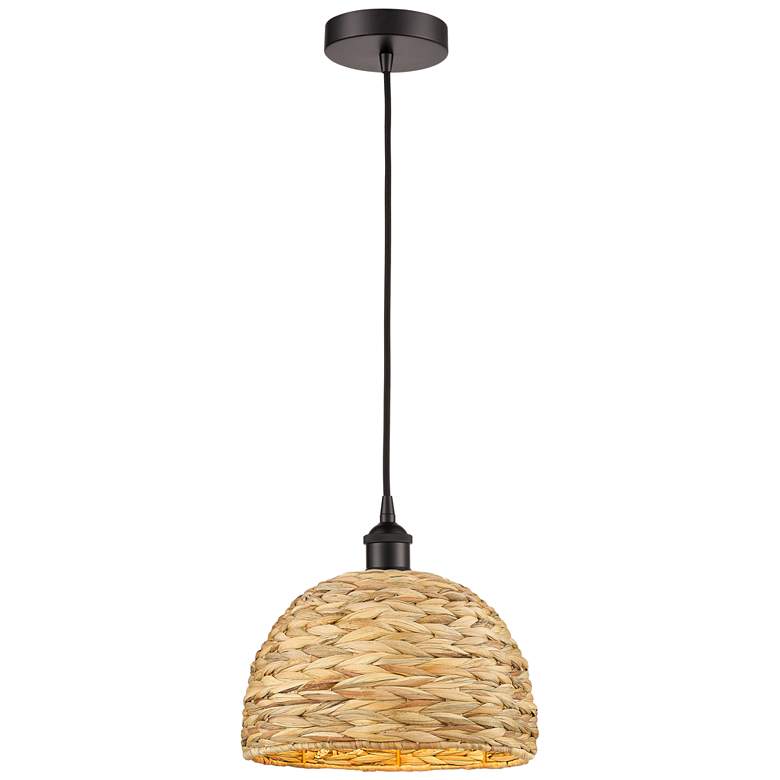 Image 1 Edison Woven Rattan 12" Wide Oil Rubbed Bronze Cord Hung Mini Pendant