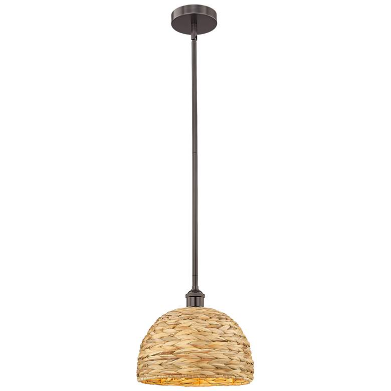 Image 1 Edison Woven Rattan 12" Wide Oil Rubbed Bronze Stem Hung Mini Pendant