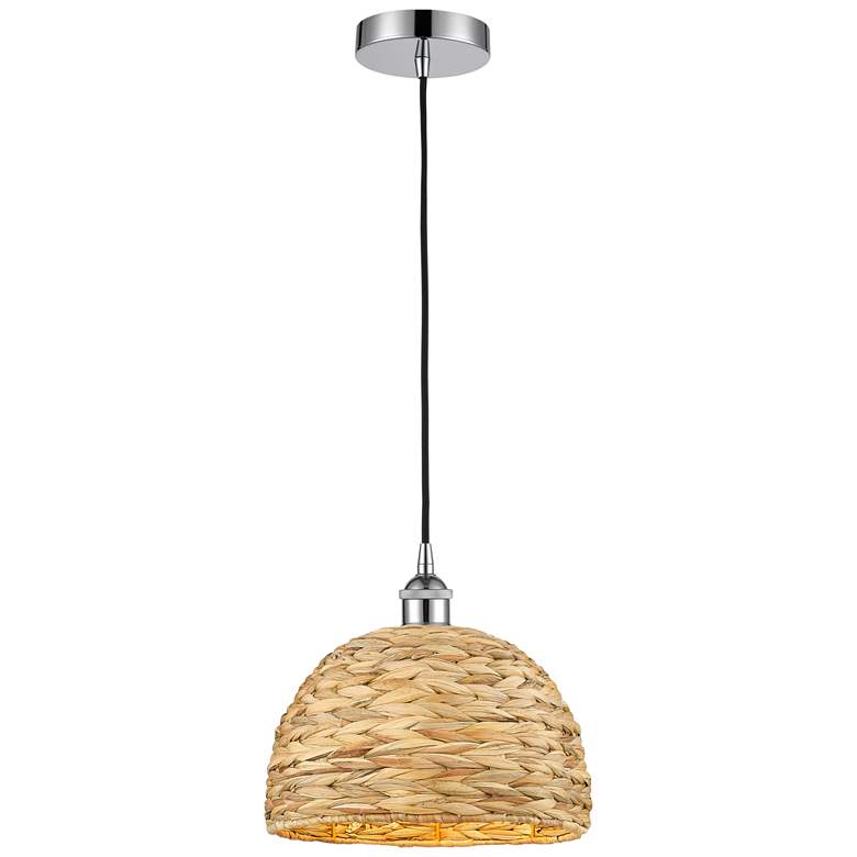 Image 1 Edison Woven Rattan 12" Wide Polished Chrome Cord Hung Mini Pendant