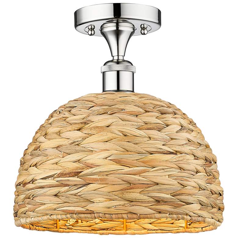 Image 1 Edison Woven Rattan 12" Wide Polished Chrome Semi.Flush Mount With