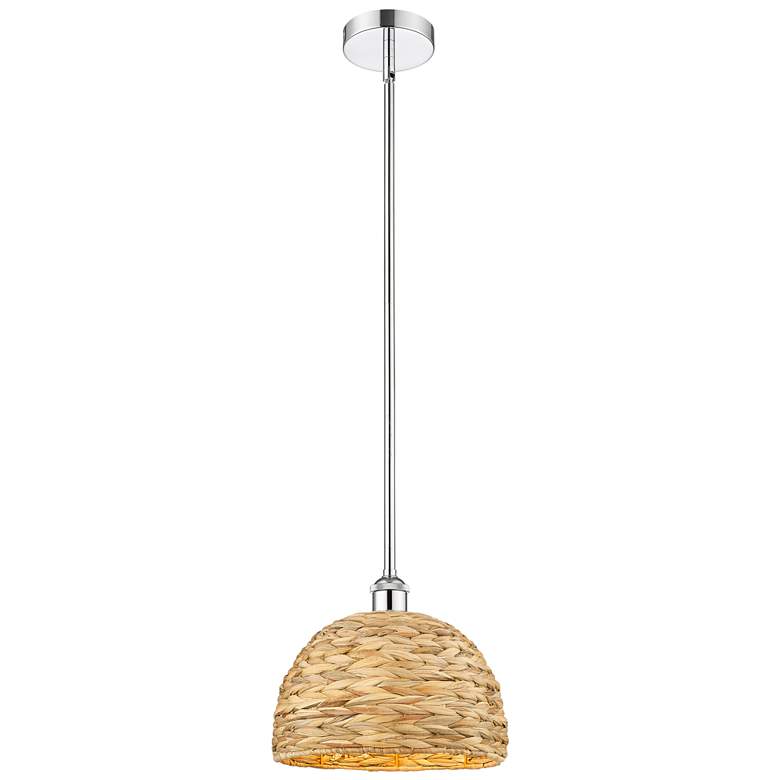 Image 1 Edison Woven Rattan 12" Wide Polished Chrome Stem Hung Mini Pendant