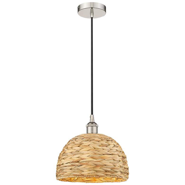 Image 1 Edison Woven Rattan 12" Wide Polished Nickel Cord Hung Mini Pendant