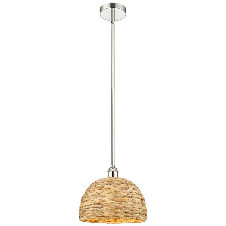 Image 1 Edison Woven Rattan 12" Wide Polished Nickel Stem Hung Mini Pendant