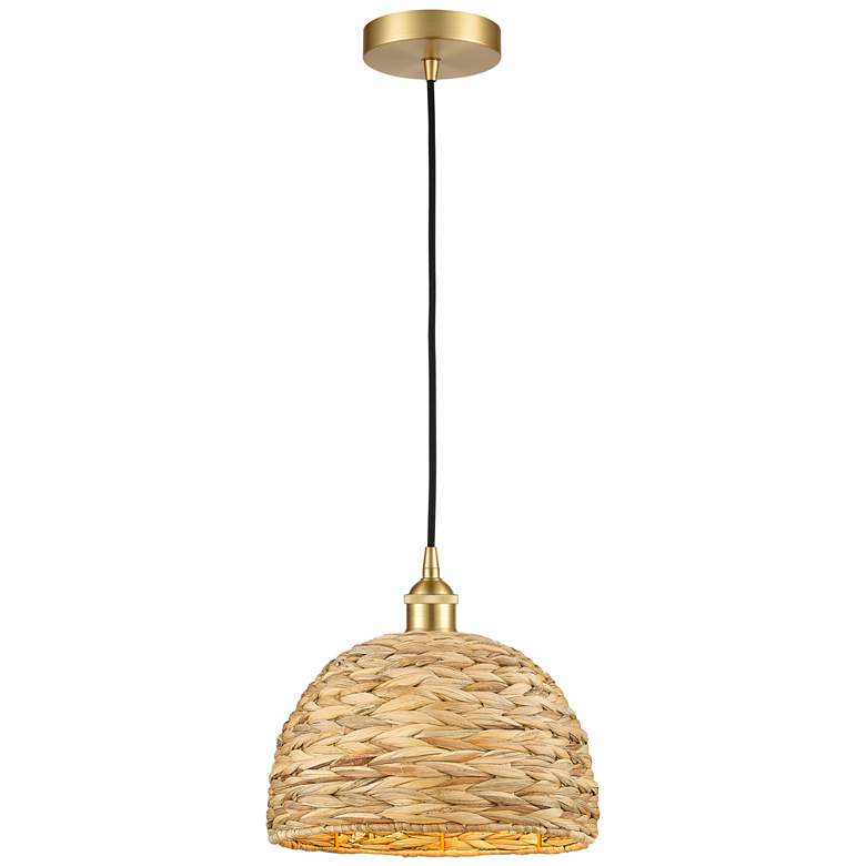 Image 1 Edison Woven Rattan 12" Wide Satin Gold Cord Hung Mini Pendant With