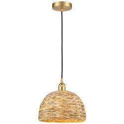Edison Woven Rattan 12" Wide Satin Gold Cord Hung Mini Pendant With
