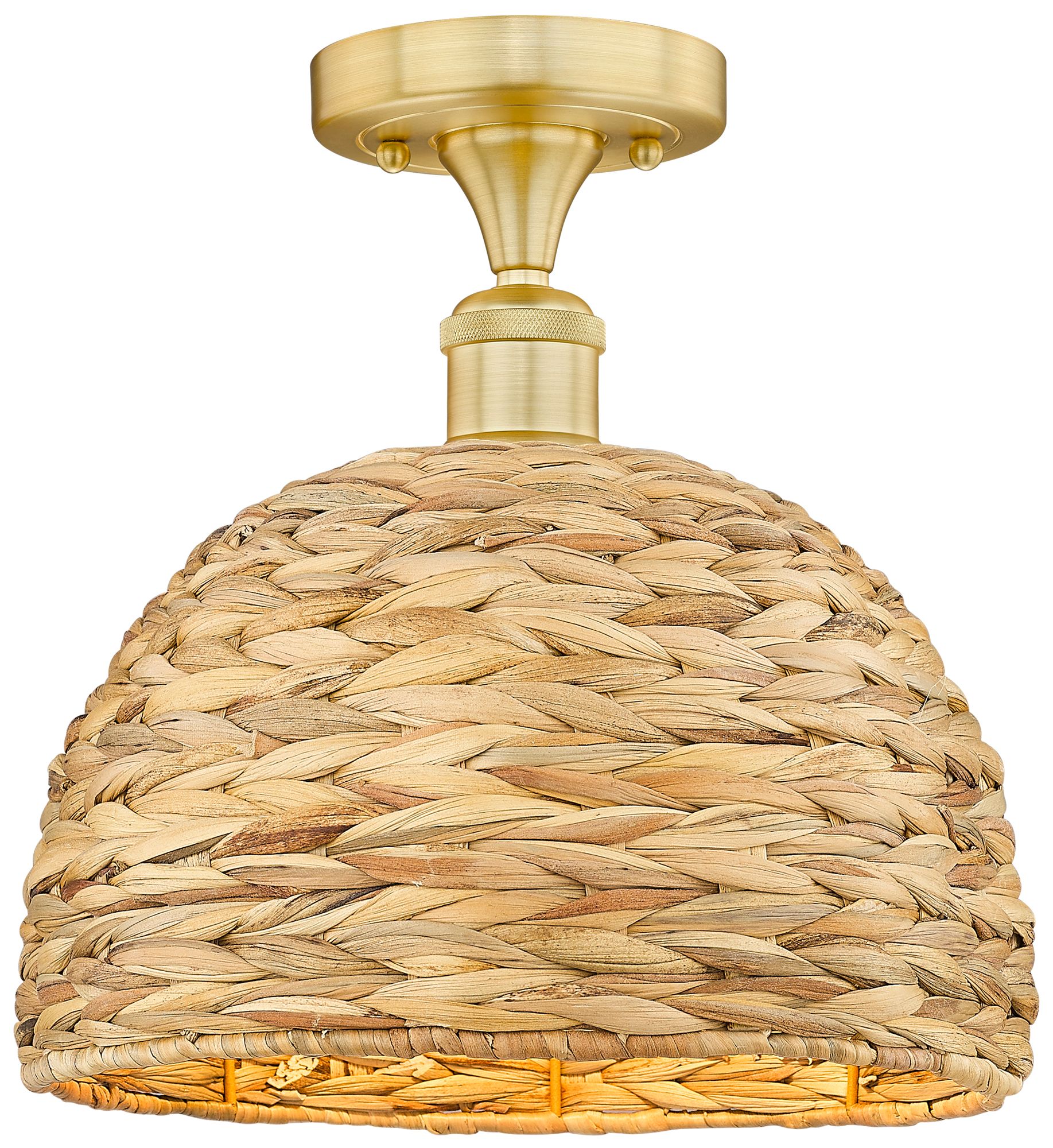 Edison Woven Rattan 12" Wide Satin Gold Semi.Flush Mount With