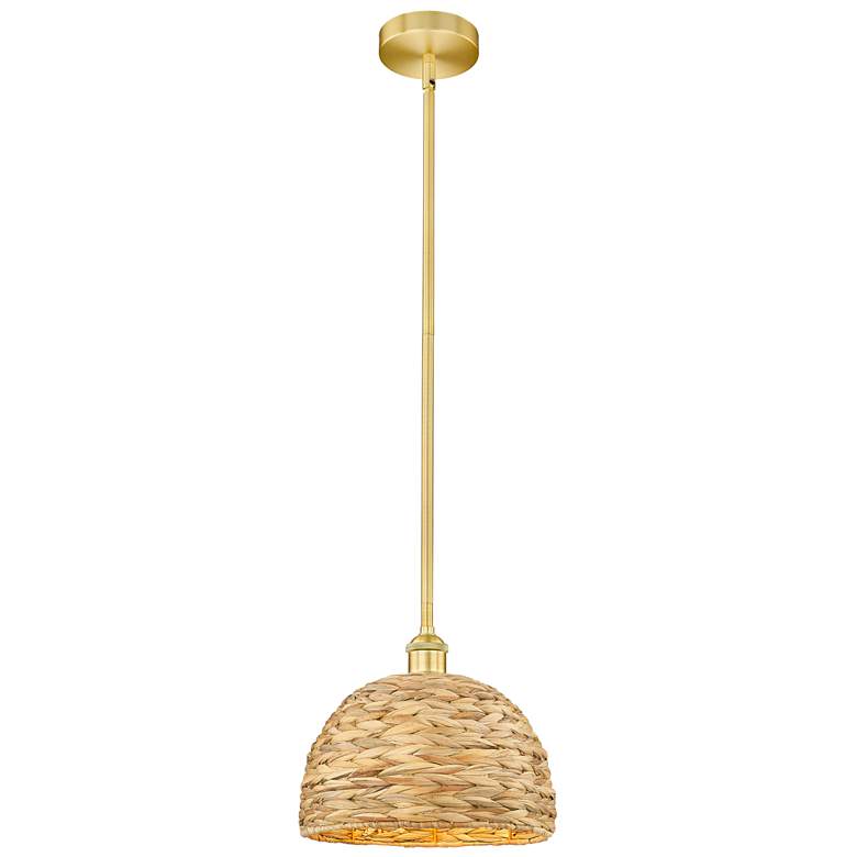 Image 1 Edison Woven Rattan 12" Wide Satin Gold Stem Hung Mini Pendant With