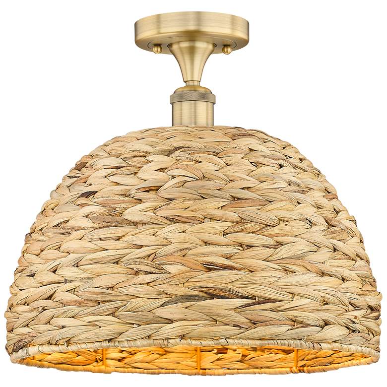 Image 1 Edison Woven Rattan 16" Wide Brushed Brass Semi.Flush Mount With