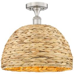 Edison Woven Rattan 16" Wide Brushed Satin Nickel Semi.Flush Mount