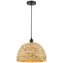 Edison Woven Rattan 16" Wide Matte Black Cord Hung Mini Pendant With
