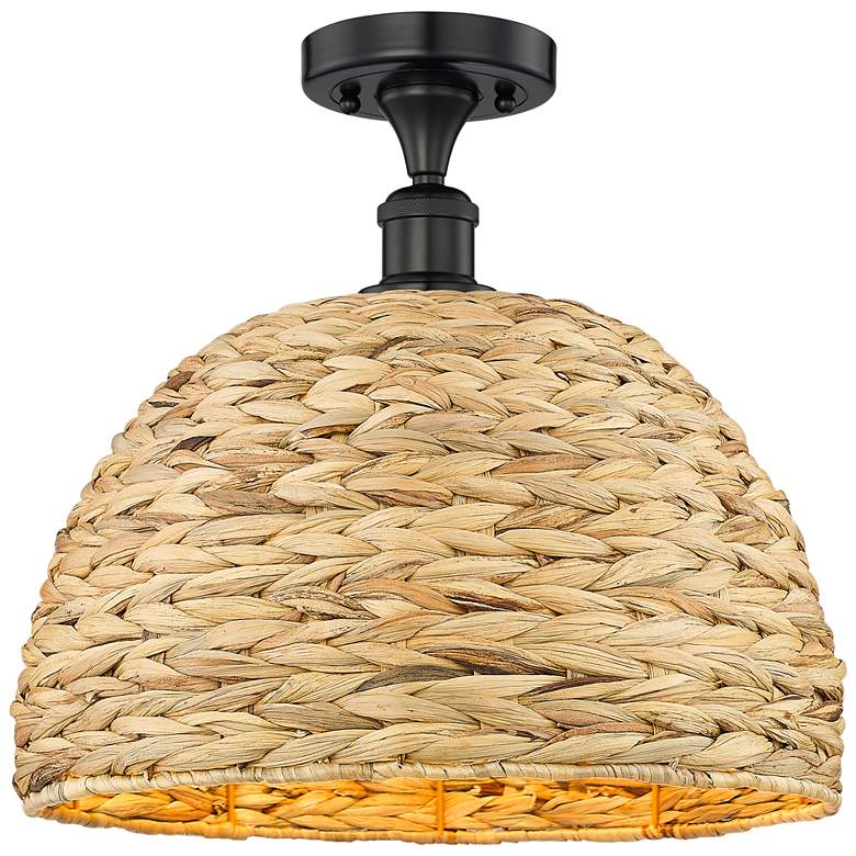 Image 1 Edison Woven Rattan 16" Wide Matte Black Semi.Flush Mount With
