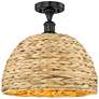 Edison Woven Rattan 16" Wide Matte Black Semi.Flush Mount With