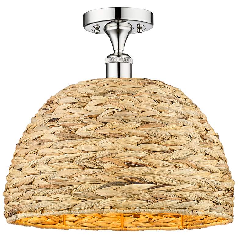 Image 1 Edison Woven Rattan 16" Wide Polished Chrome Semi.Flush Mount With