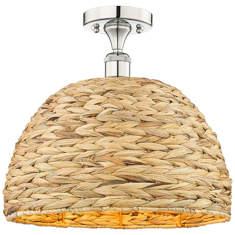 Image 1 Edison Woven Rattan 16" Wide Polished Nickel Semi.Flush Mount With