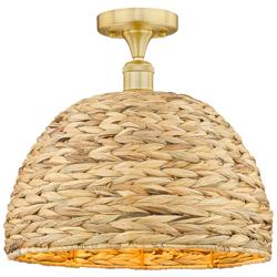 Edison Woven Rattan 16" Wide Satin Gold Semi.Flush Mount With