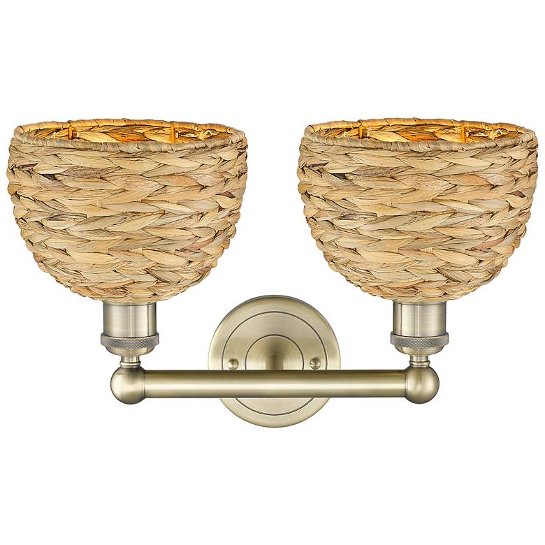 Image 2 Edison Woven Rattan 17" Wide 2 Light Antique Brass Vanity Light With more views