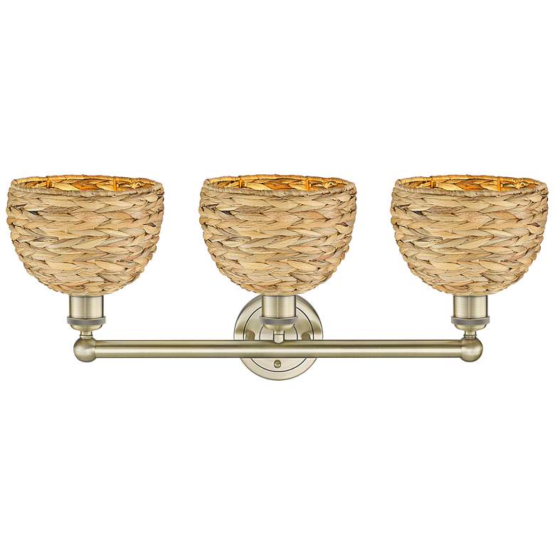 Image 2 Edison Woven Rattan 26" Wide 3 Light Antique Brass Vanity Light With more views