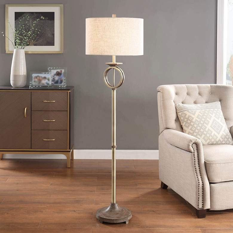 Image 1 Edwards Brass Metal and Wood-Like Brown Stem Floor Lamp