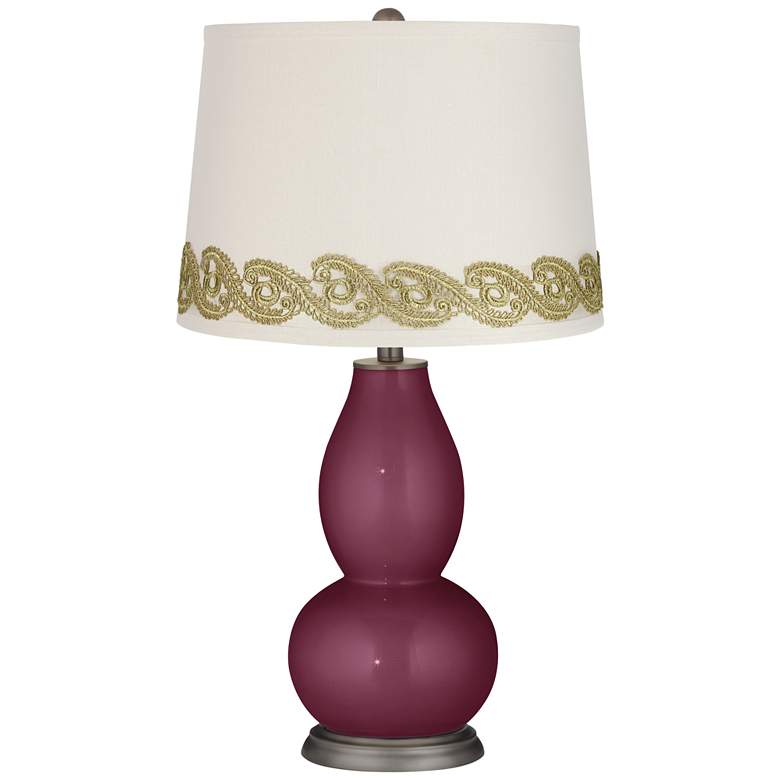 Image 1 Eggplant Metallic Double Gourd Table Lamp with Vine Lace Trim
