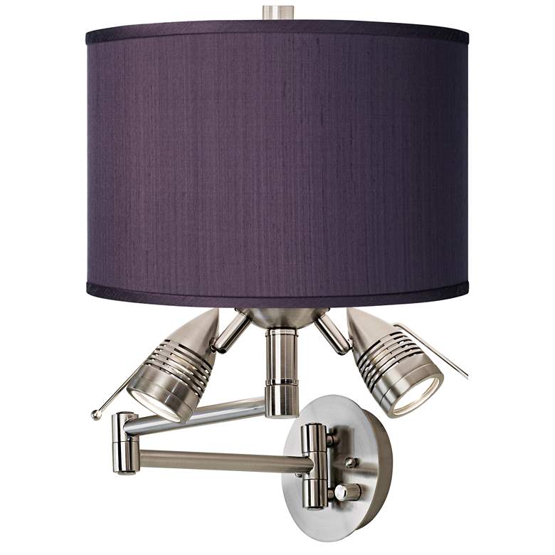 Eggplant Purple Faux Silk Nickel Plug-In Swing Arm Wall Lamp