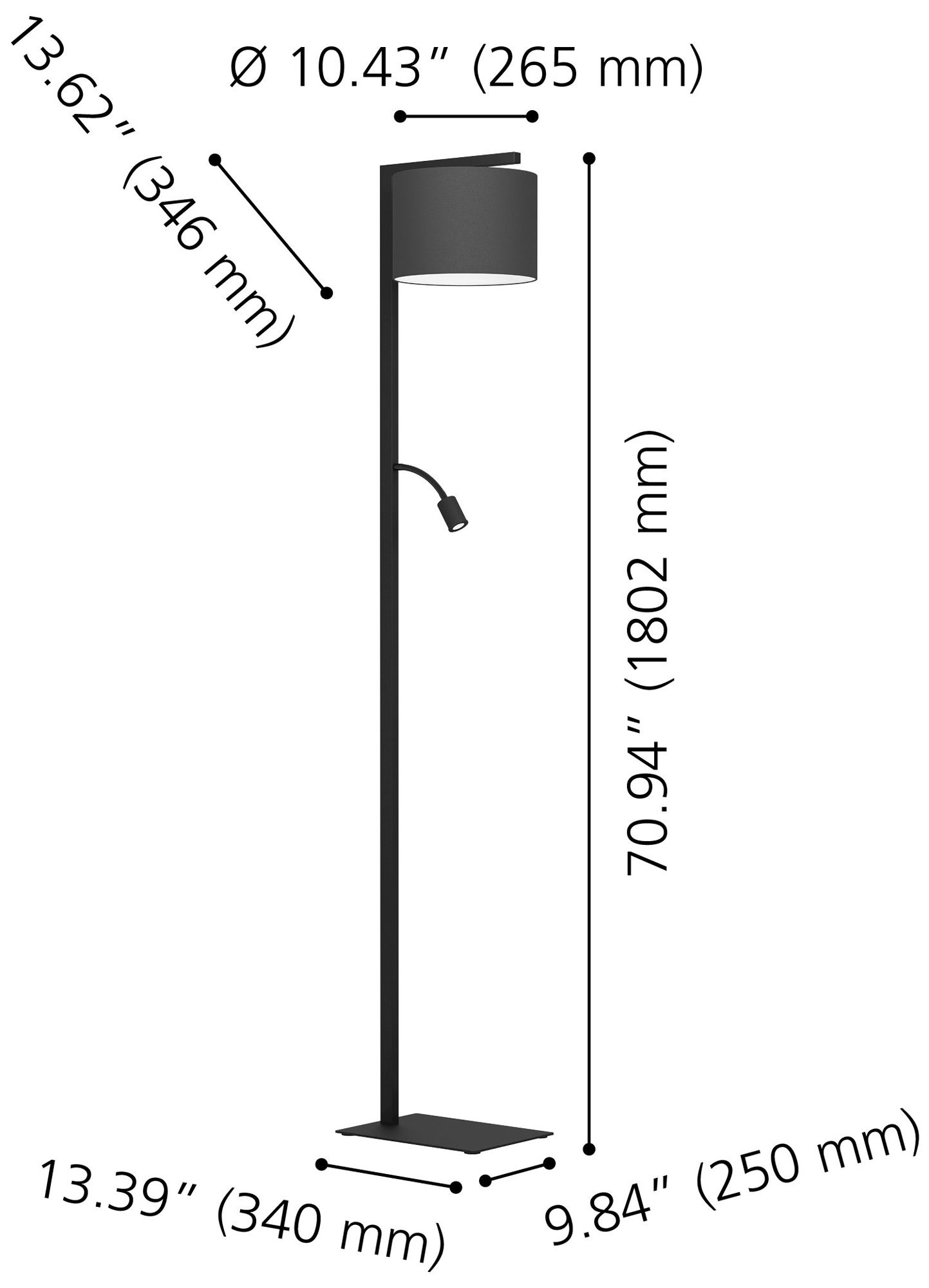 Image 4 Eglo 71 inch Black Floor Lamp w/ Fabric Shade w/ LED Reading Lamp more views