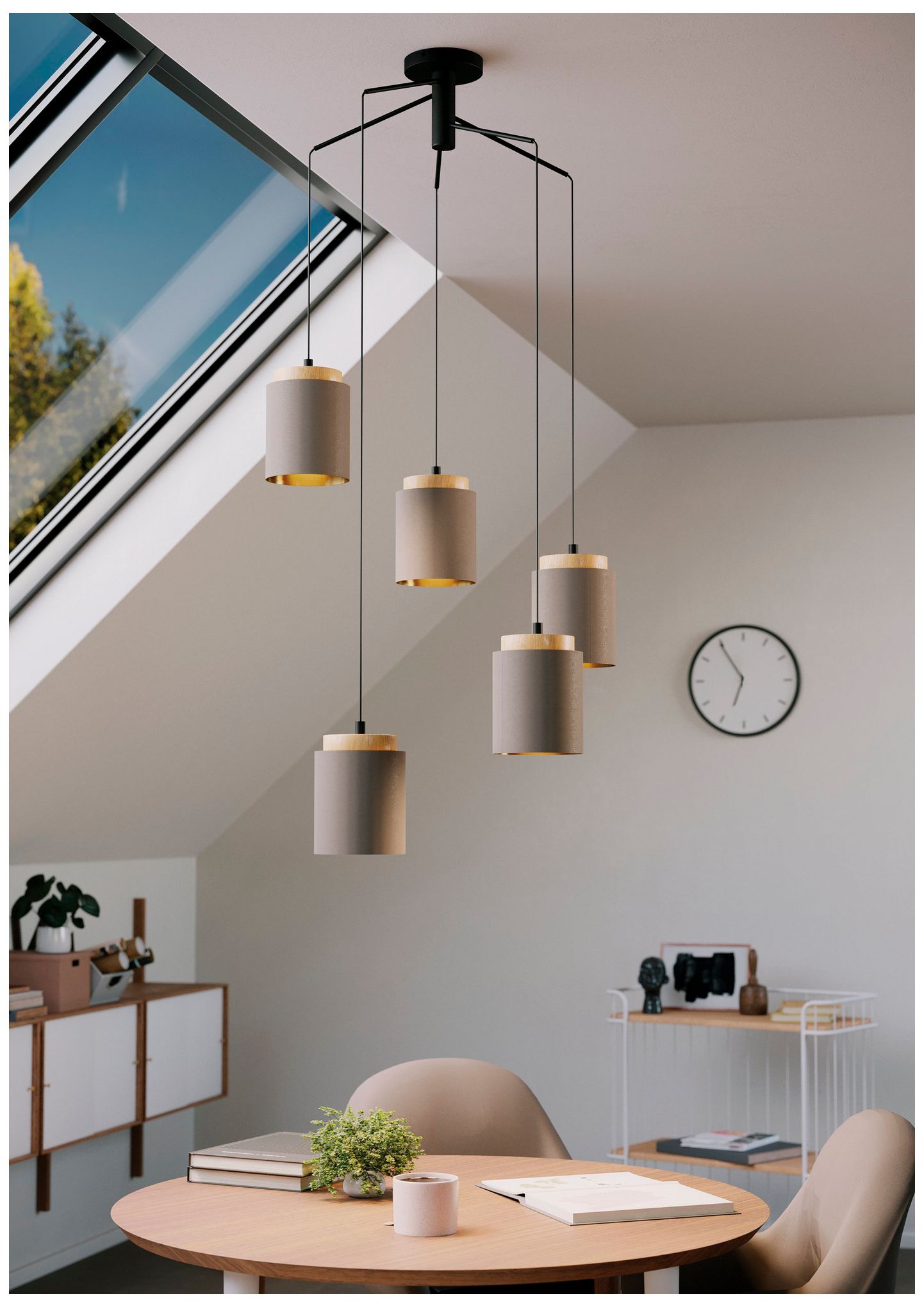 Thumbnail4 of Eglo Albariza 5 Light Black & Wood Pendant Light with Fabric Shades more views