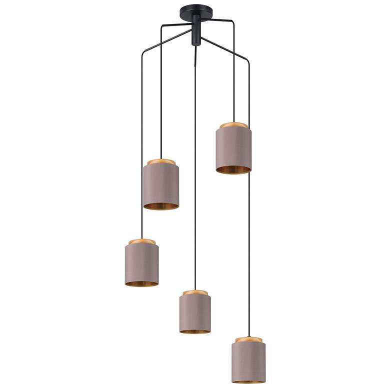 Image 1 Eglo Albariza 5 Light Black & Wood Pendant Light with Fabric Shades
