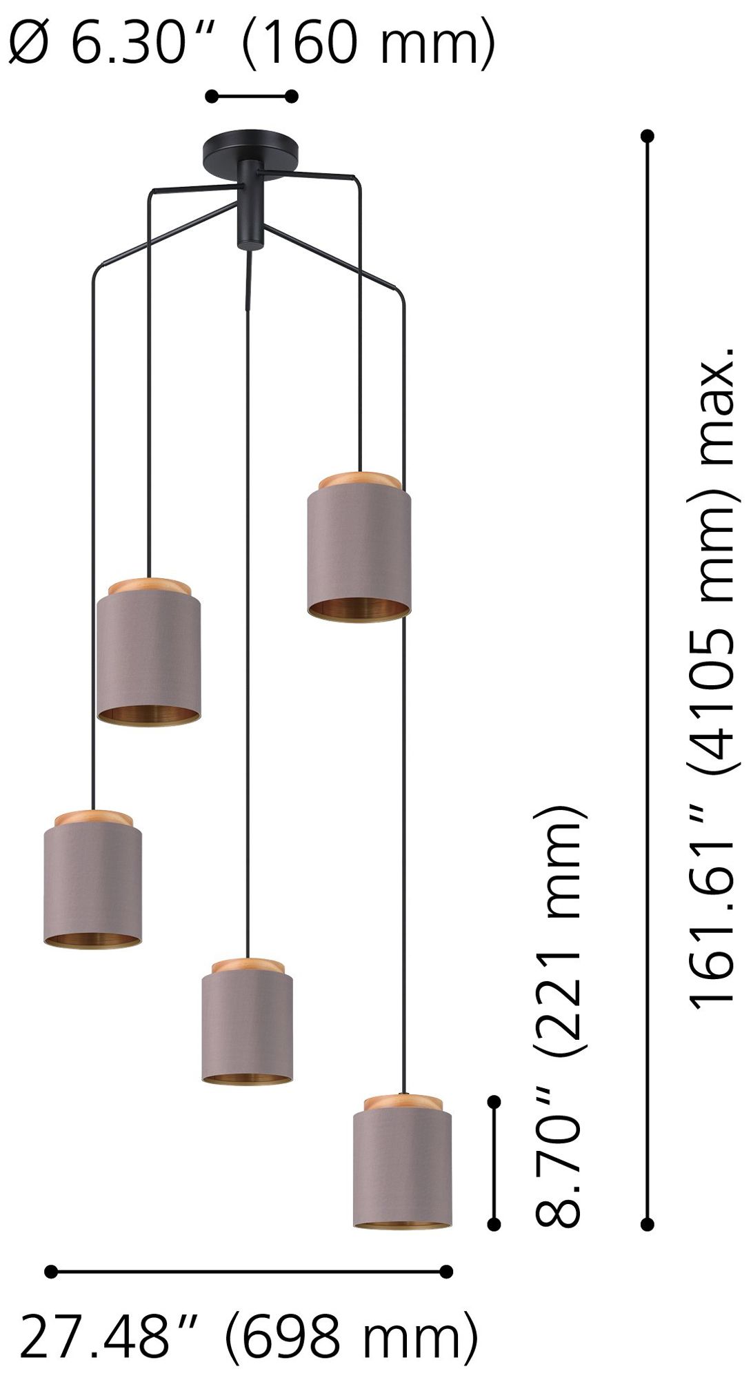 Image 2 Eglo Albariza 5 Light Black & Wood Pendant Light with Fabric Shades more views