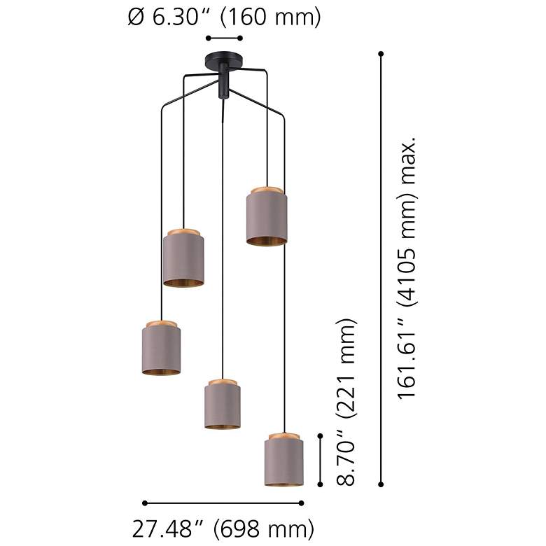 Image 2 Eglo Albariza 5 Light Black & Wood Pendant Light with Fabric Shades more views