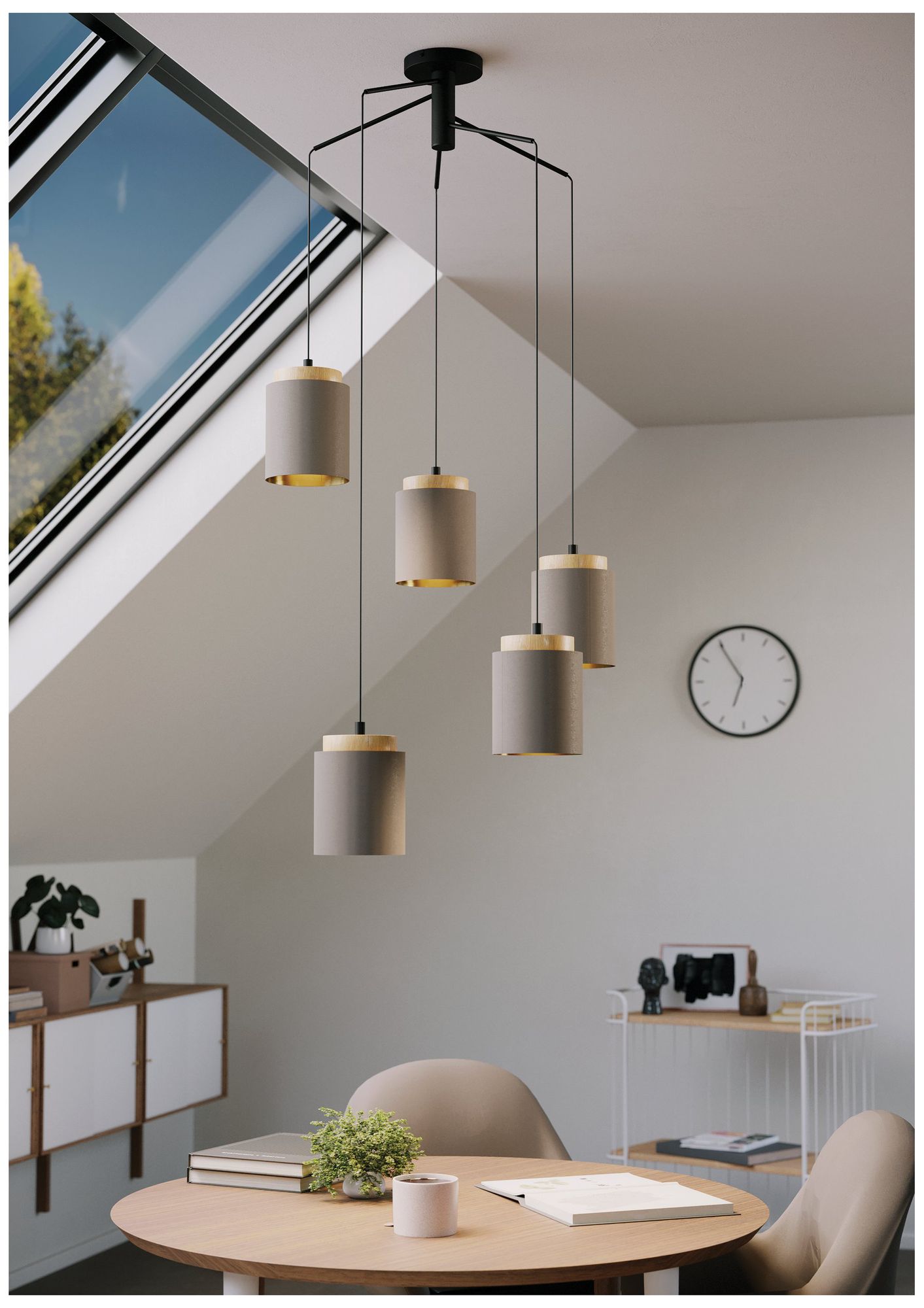 Image 4 Eglo Albariza 5 Light Black & Wood Pendant Light with Fabric Shades more views