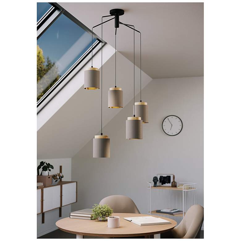 Image 4 Eglo Albariza 5 Light Black & Wood Pendant Light with Fabric Shades more views