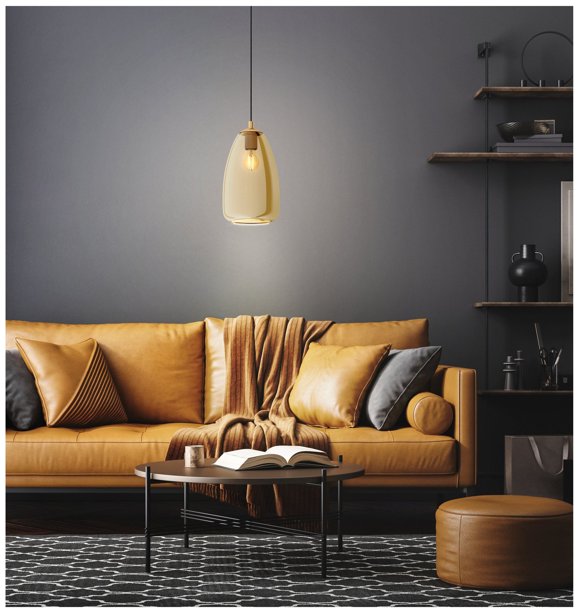 Image 4 Eglo Alobrase 8" 1 Light Brushed Gold Pendant w/ Metallic Amber Glass Shade more views