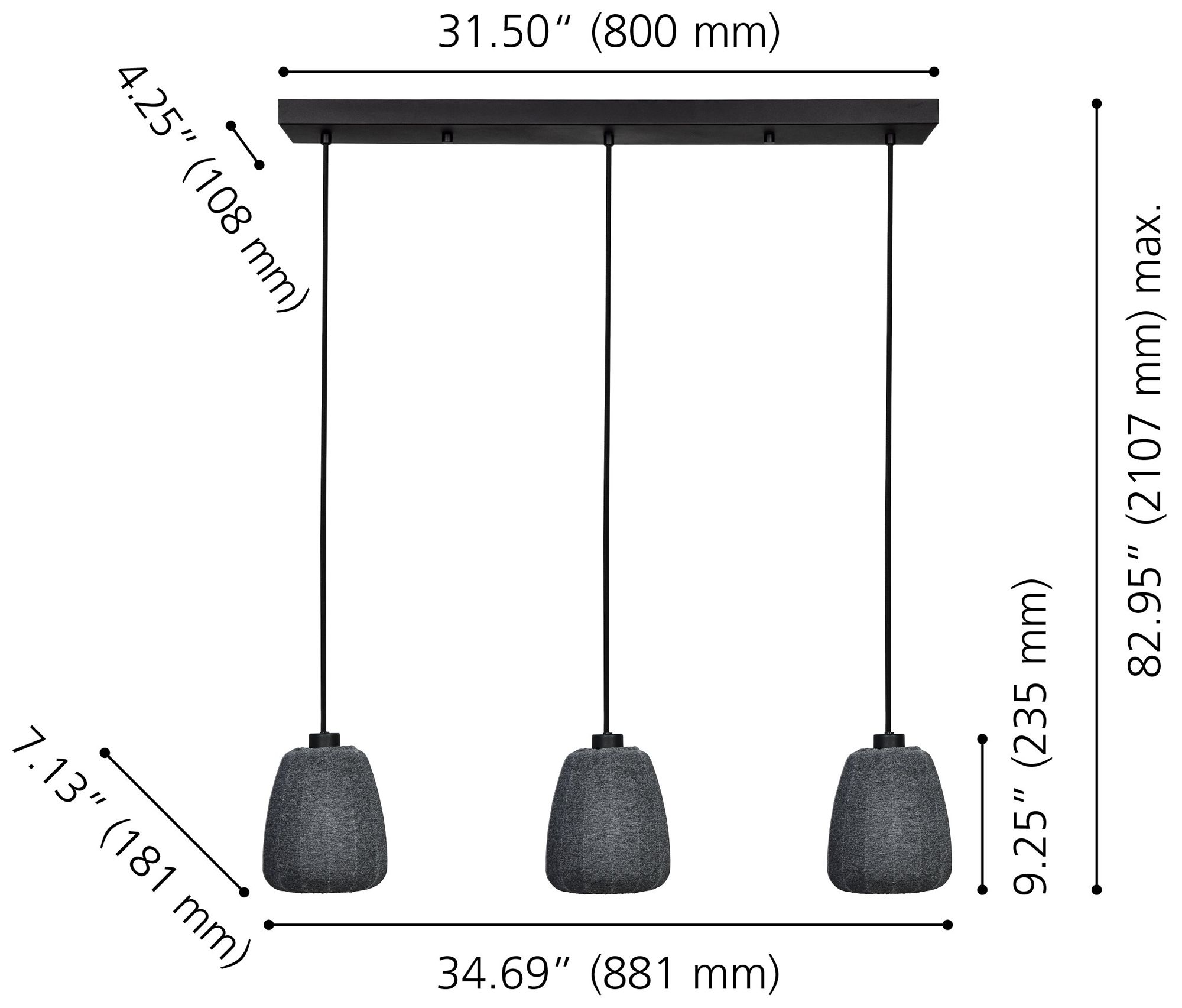 Image 2 Eglo Barlaston 34" 3 Light Black Pendant Light with Gray Jersey Shades more views