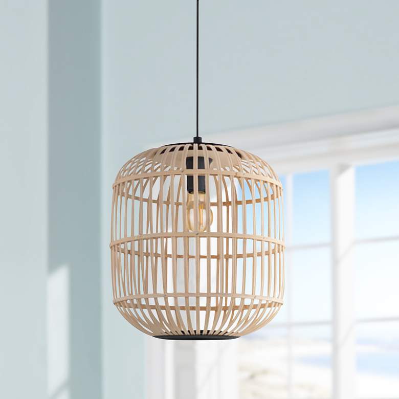 Eglo Bordesley 13 3/4&quot; Wide Black and Natural Wood Pendant Light