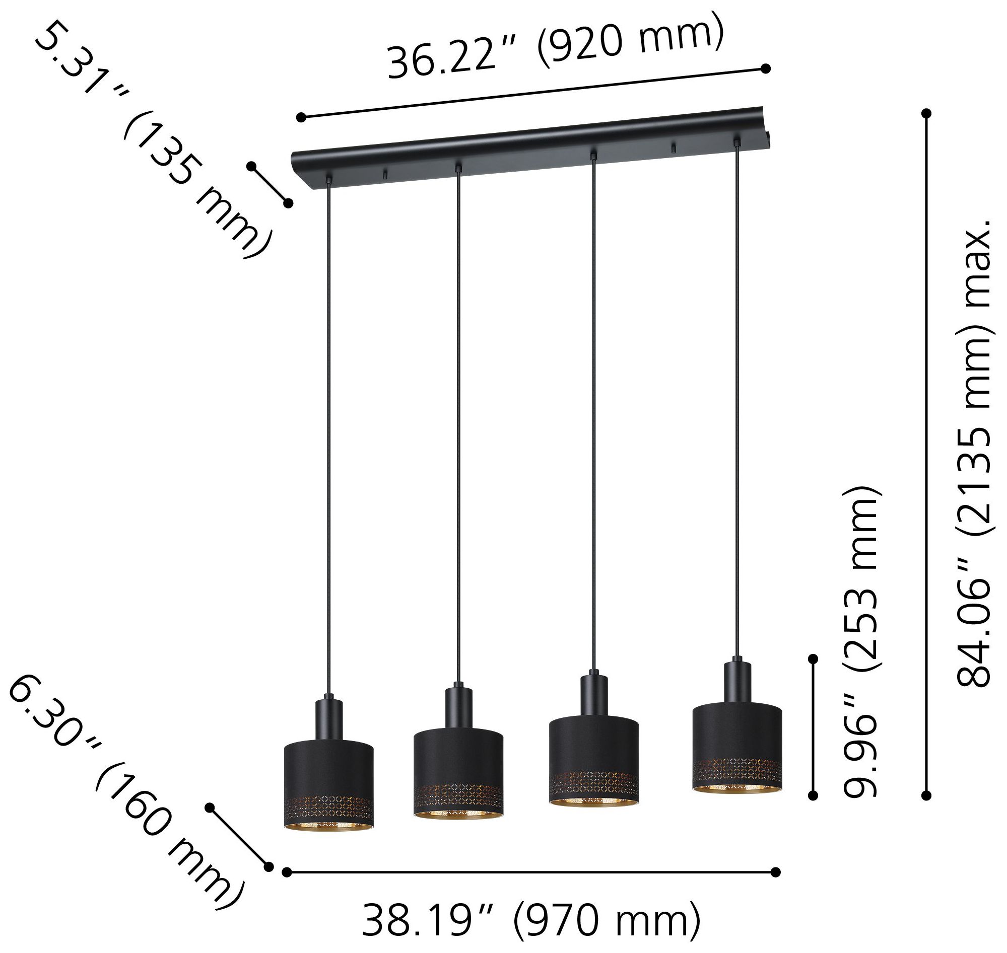 Image 2 Eglo Esteperra 4 Light Black Pendant Light, Black and Gold Fabric Shades more views
