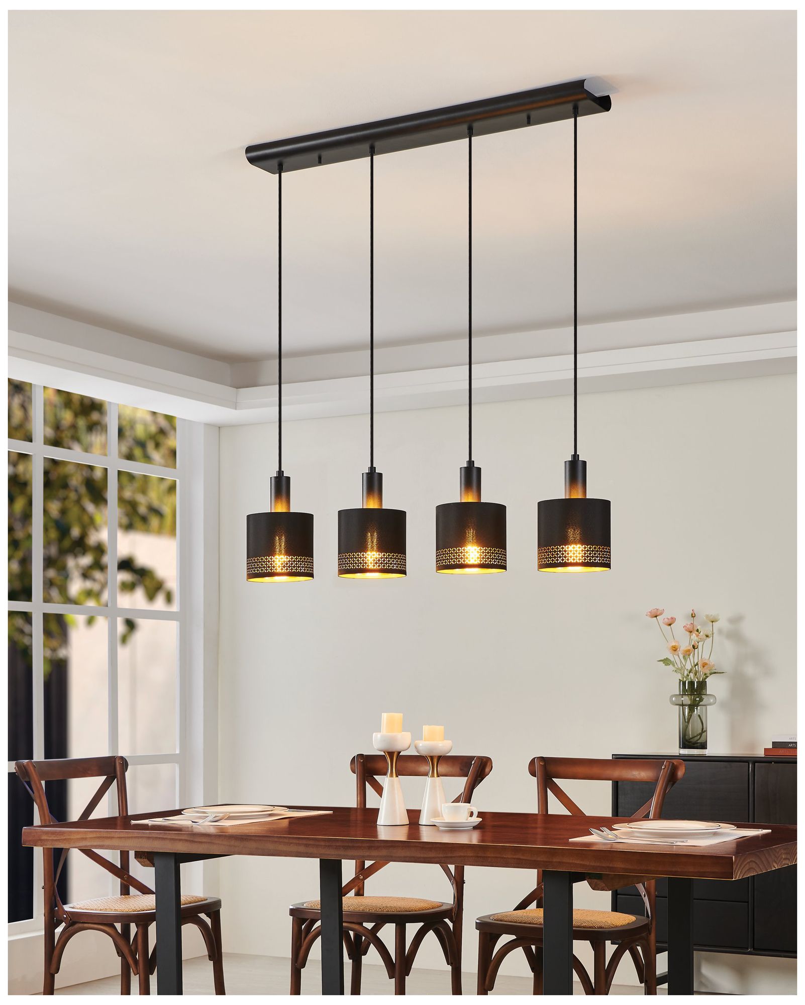 Image 6 Eglo Esteperra 4 Light Black Pendant Light, Black and Gold Fabric Shades more views