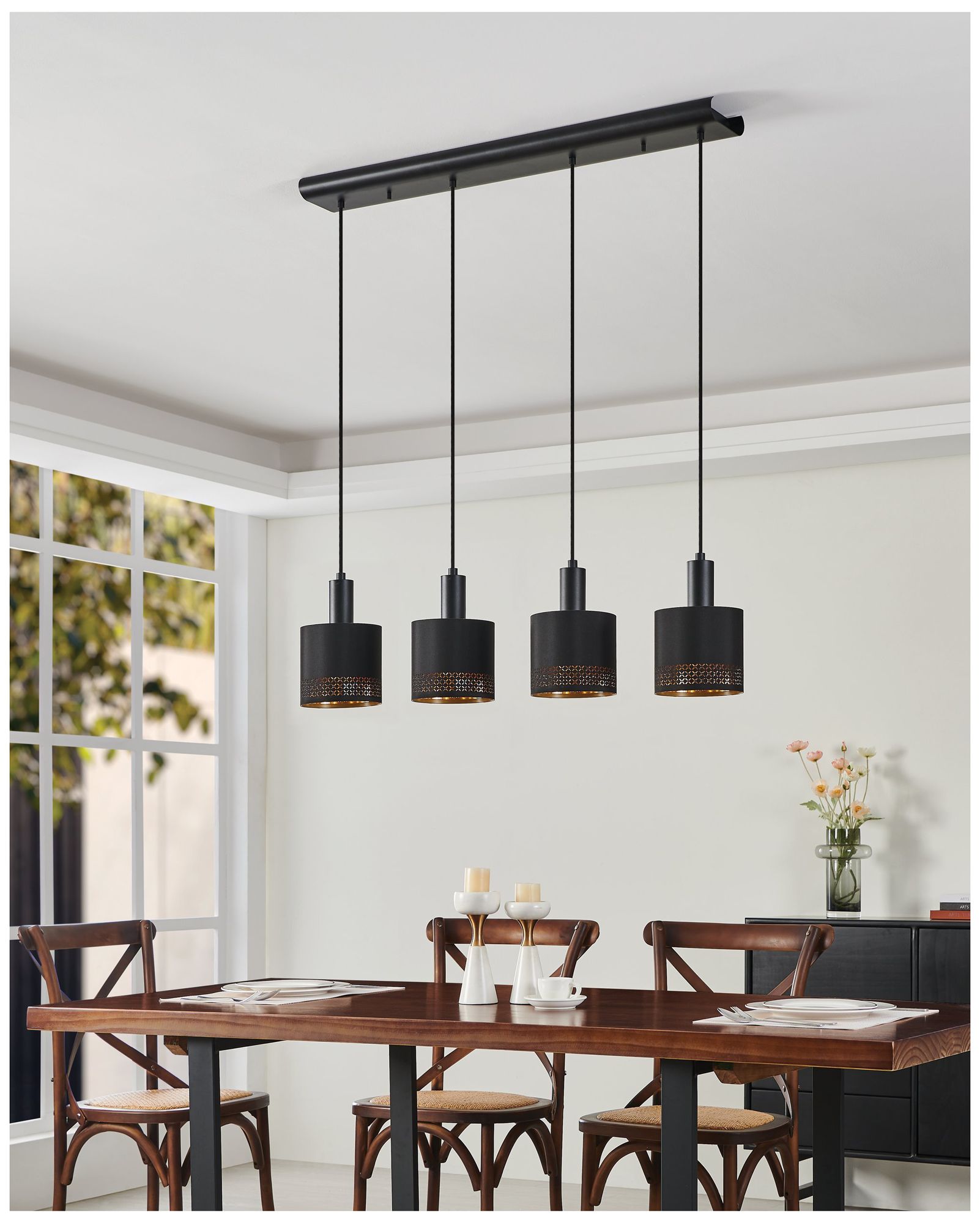 Image 7 Eglo Esteperra 4 Light Black Pendant Light, Black and Gold Fabric Shades more views