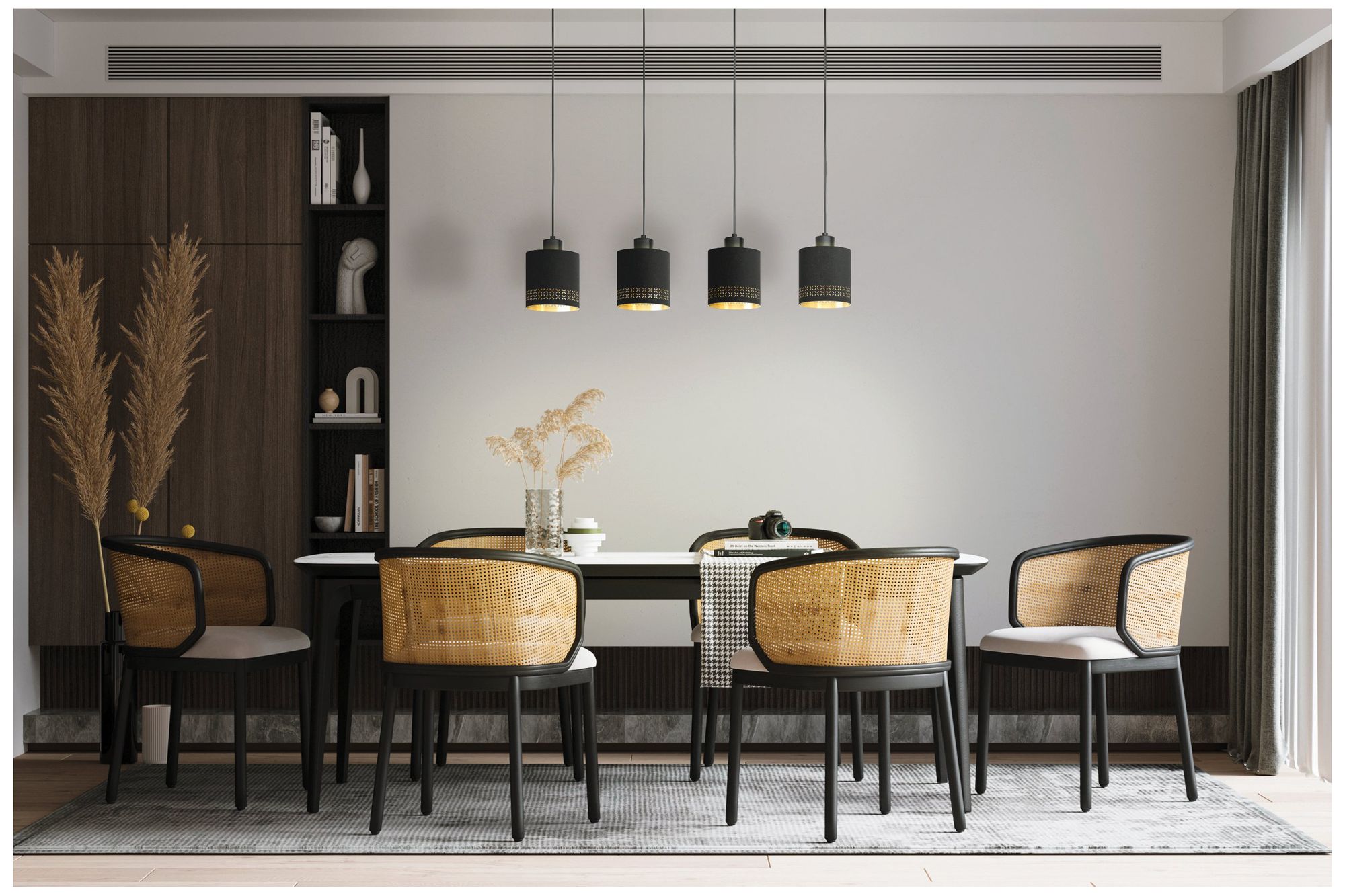 Eglo Esteperra 4 Light Black Pendant Light, Black and Gold Fabric Shades